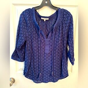 Boho Navy Blue Eyelet Women's Top Size Medium